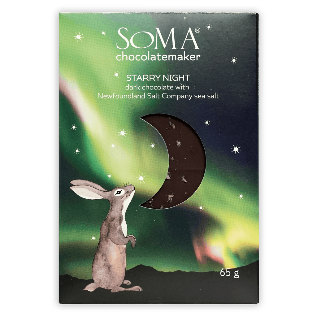 Soma Starry Night Dark 70% bar with rabbit under aurora, sea salt flecks