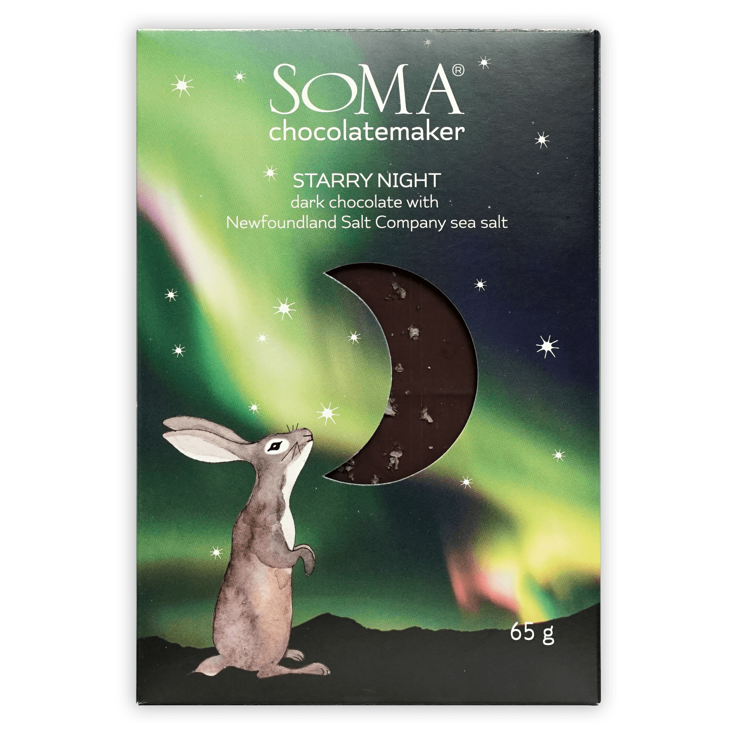 Soma Starry Night Dark 70% bar with rabbit under aurora, sea salt flecks