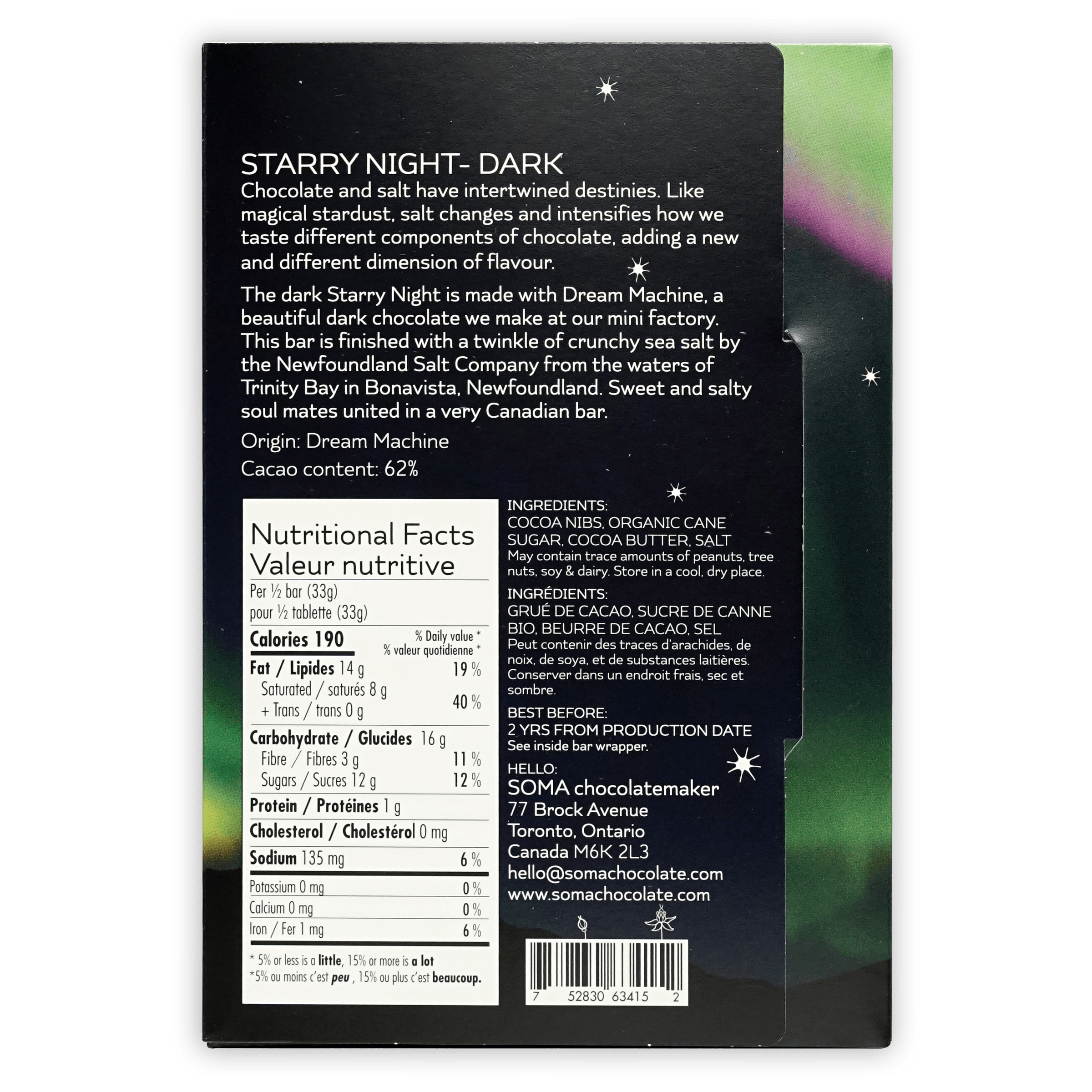 Soma Starry Night Dark 70% chocolate bar in black wrapper with aurora accents