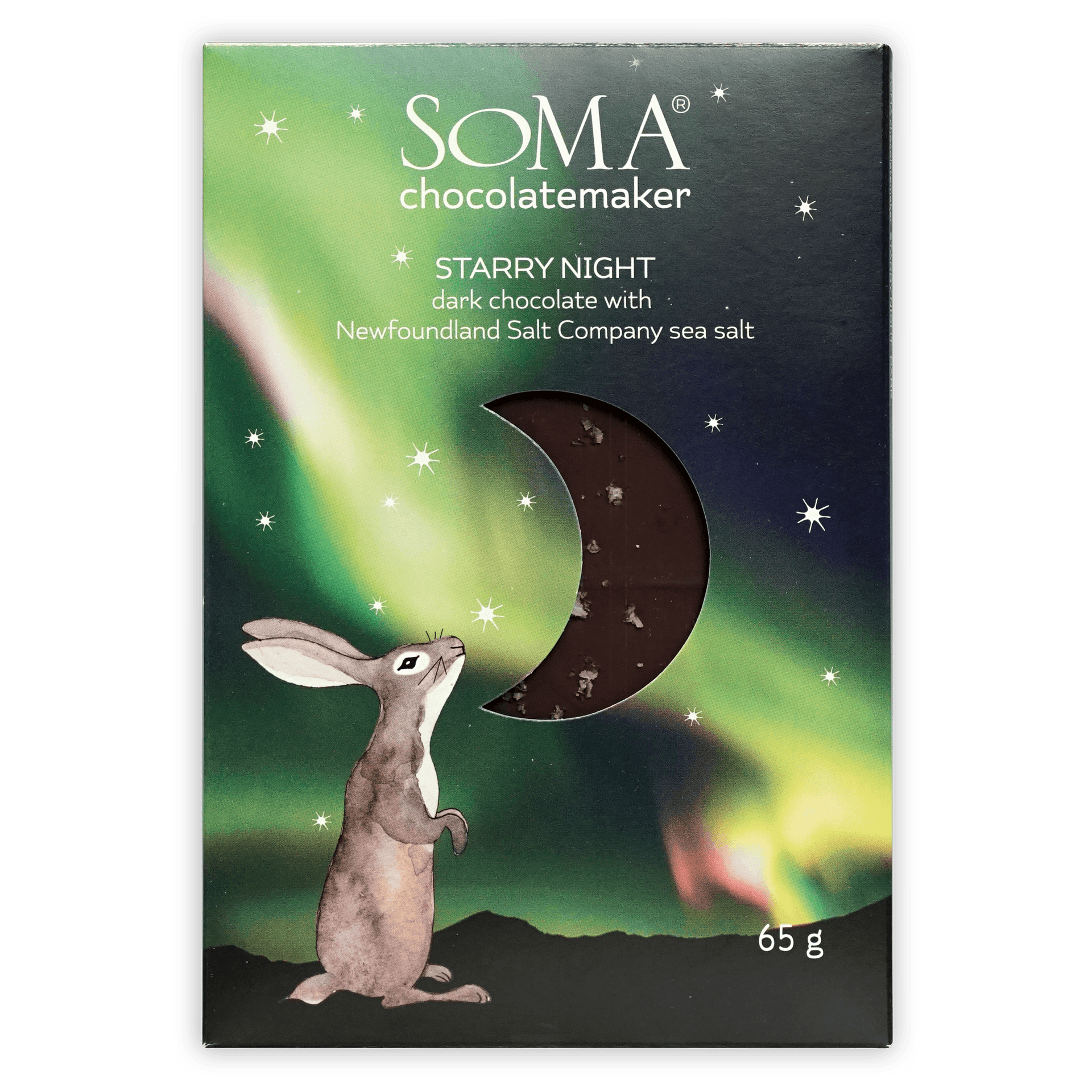 Soma Starry Night Dark 70% bar with rabbit under aurora, sea salt flecks