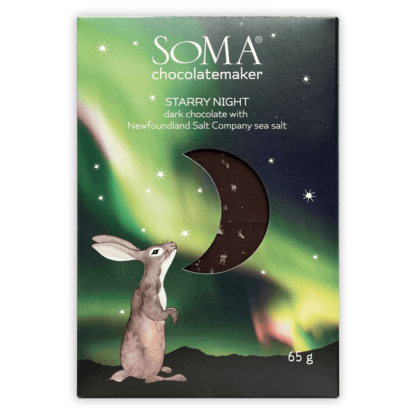 Soma Starry Night Dark 70% bar with rabbit under aurora, sea salt flecks