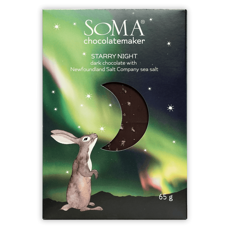 Soma Starry Night Dark 70% bar with rabbit under aurora, sea salt flecks