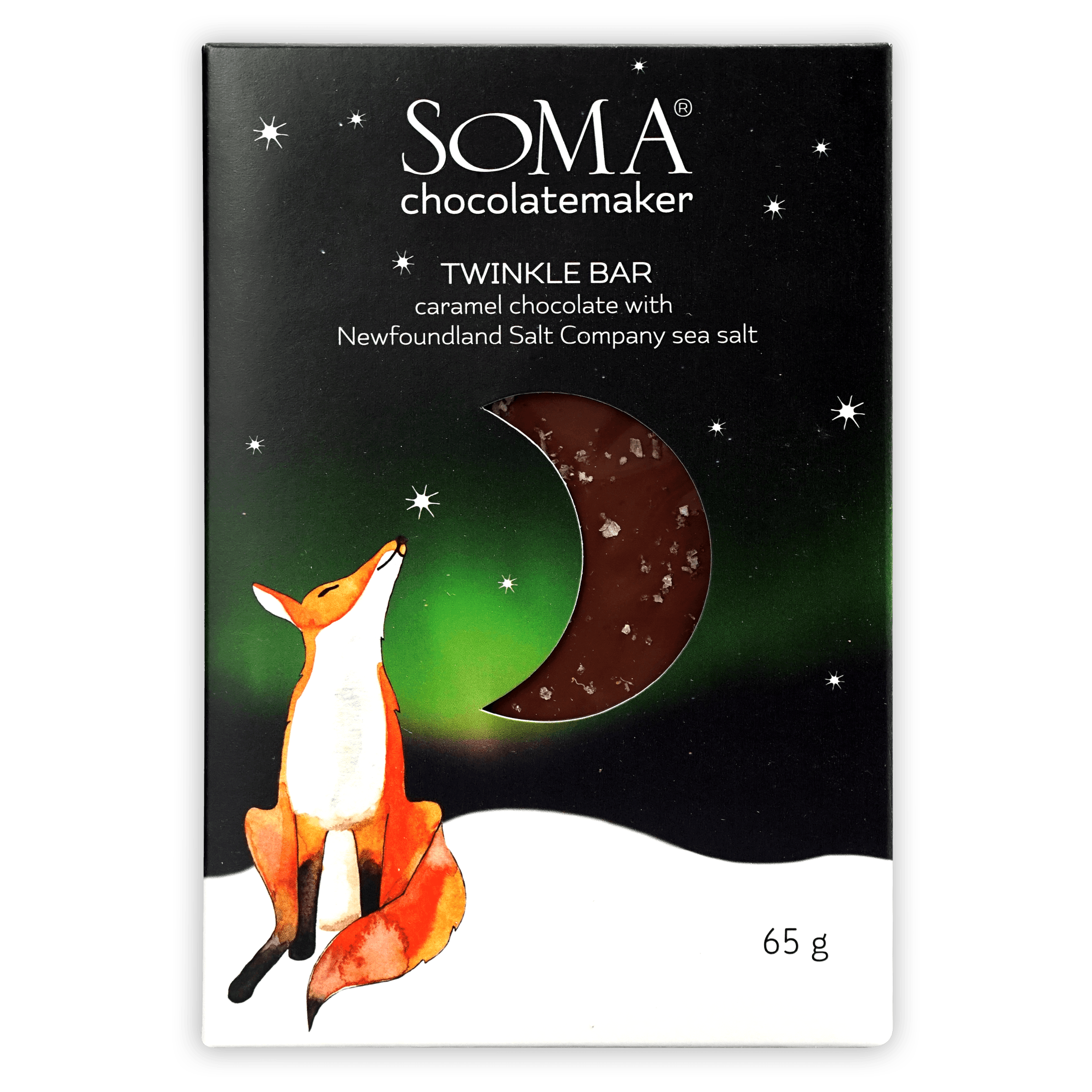 Soma Twinkle Bar: caramel chocolate with sea salt, fox under green aurora wrapper