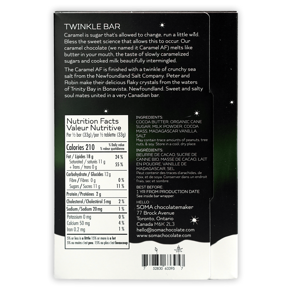 Black and white Soma Twinkle Bar caramel chocolate with salt packaging