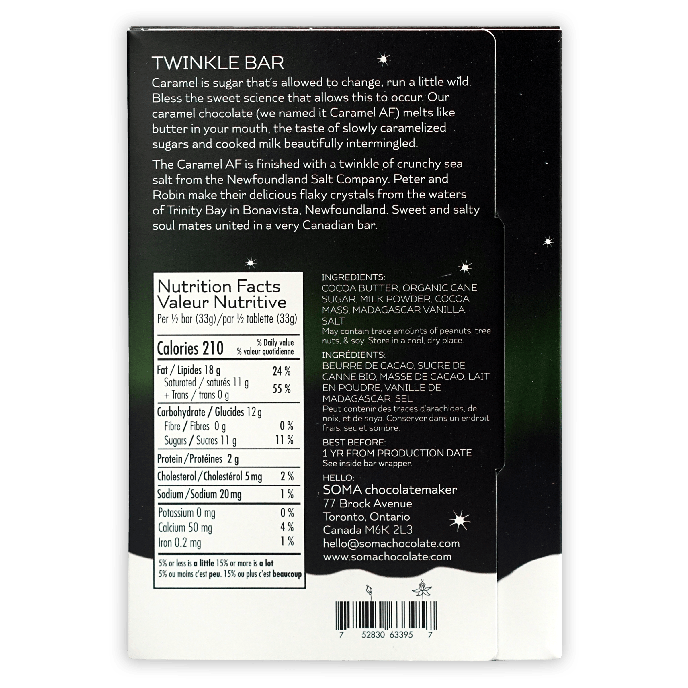 Black and white Soma Twinkle Bar caramel chocolate with salt packaging