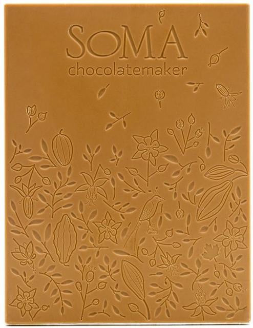 Soma Twinkle Bar: golden-brown caramel chocolate with salt, floral bird emboss