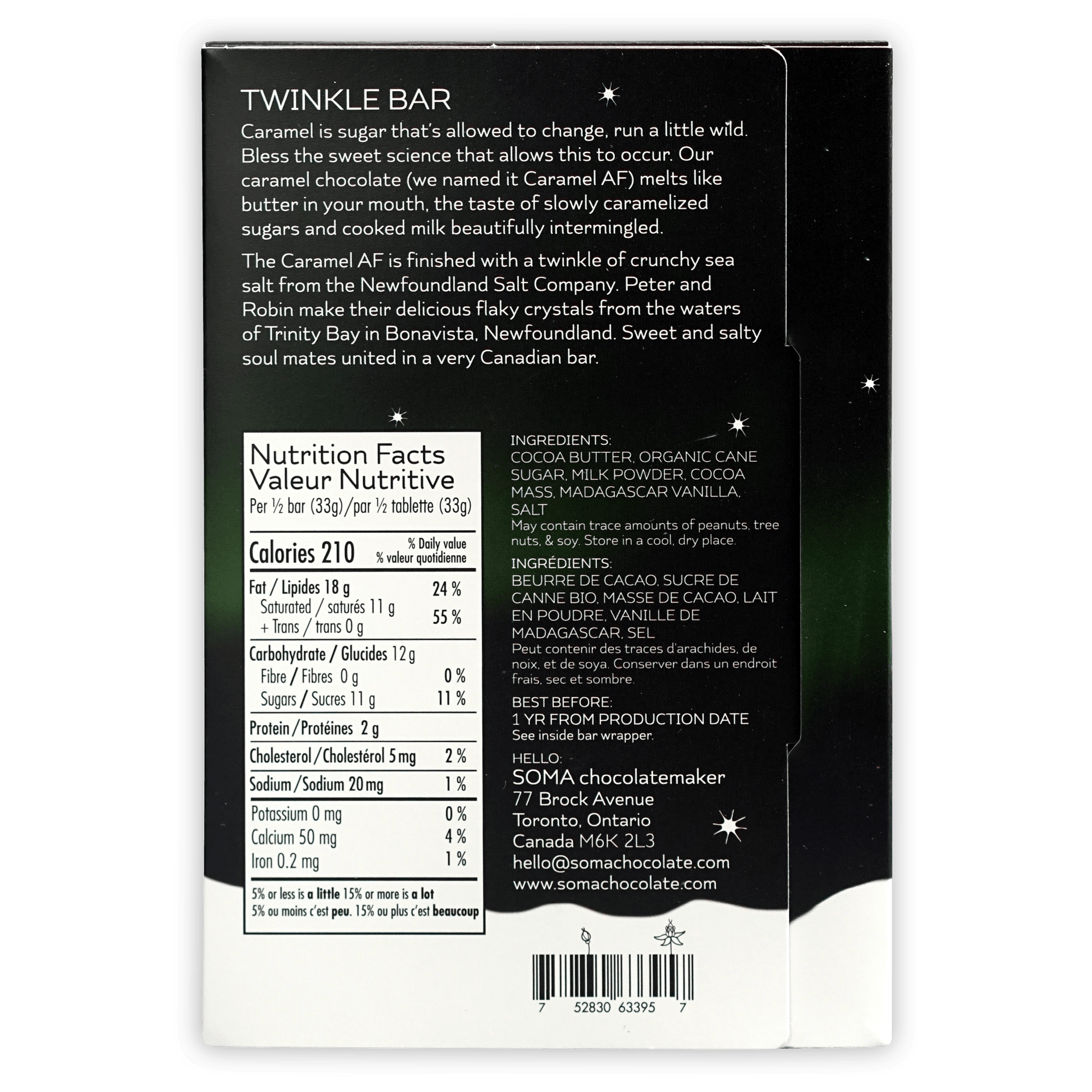 Black and white Soma Twinkle Bar caramel chocolate with salt packaging