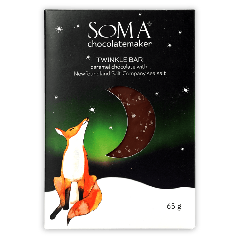 Soma Twinkle Bar: caramel chocolate with sea salt, fox under green aurora wrapper