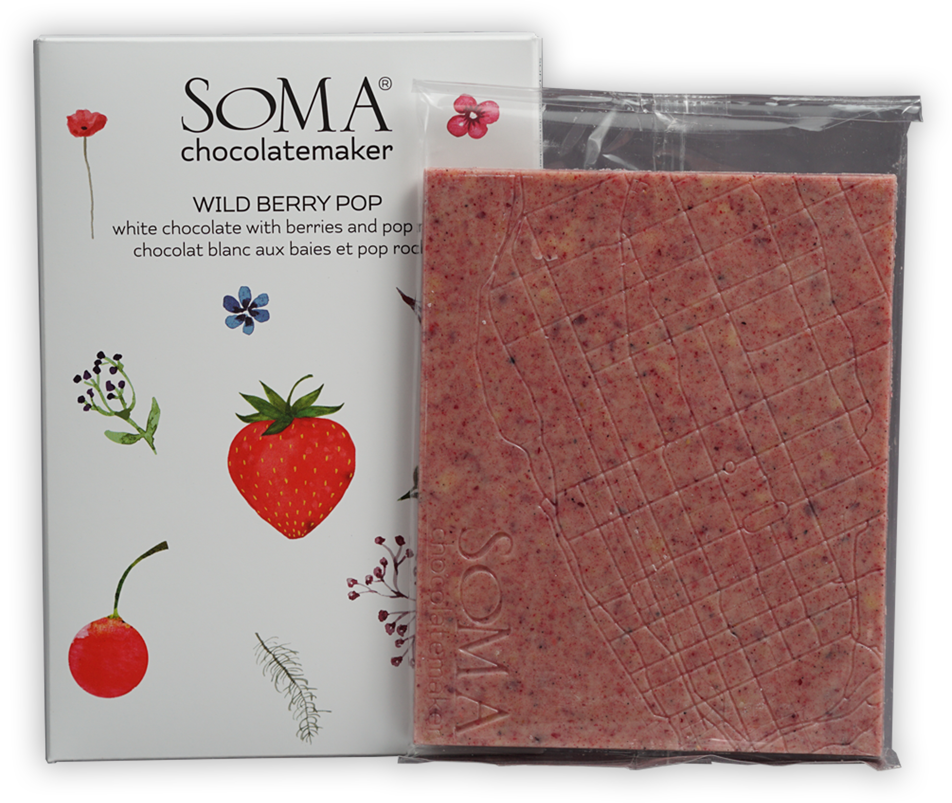 Soma Wild Berry Pop white chocolate bar with berries and Pop Rocks