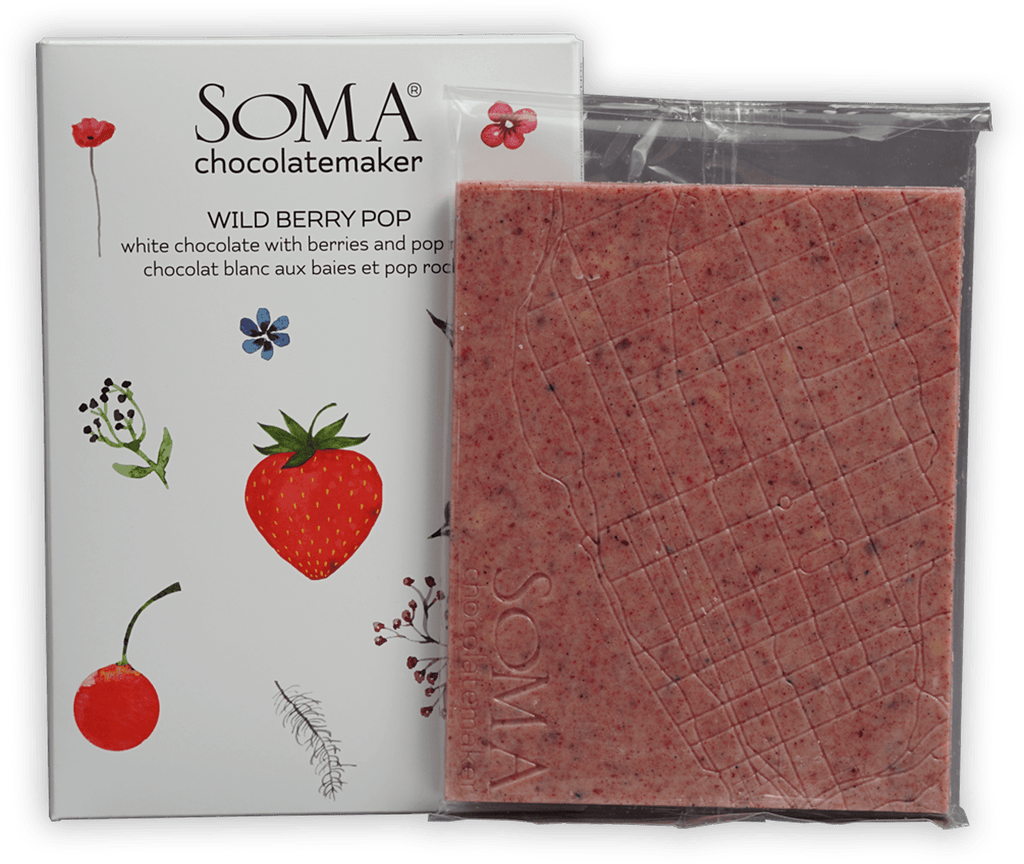 Soma Wild Berry Pop white chocolate bar with berries and Pop Rocks