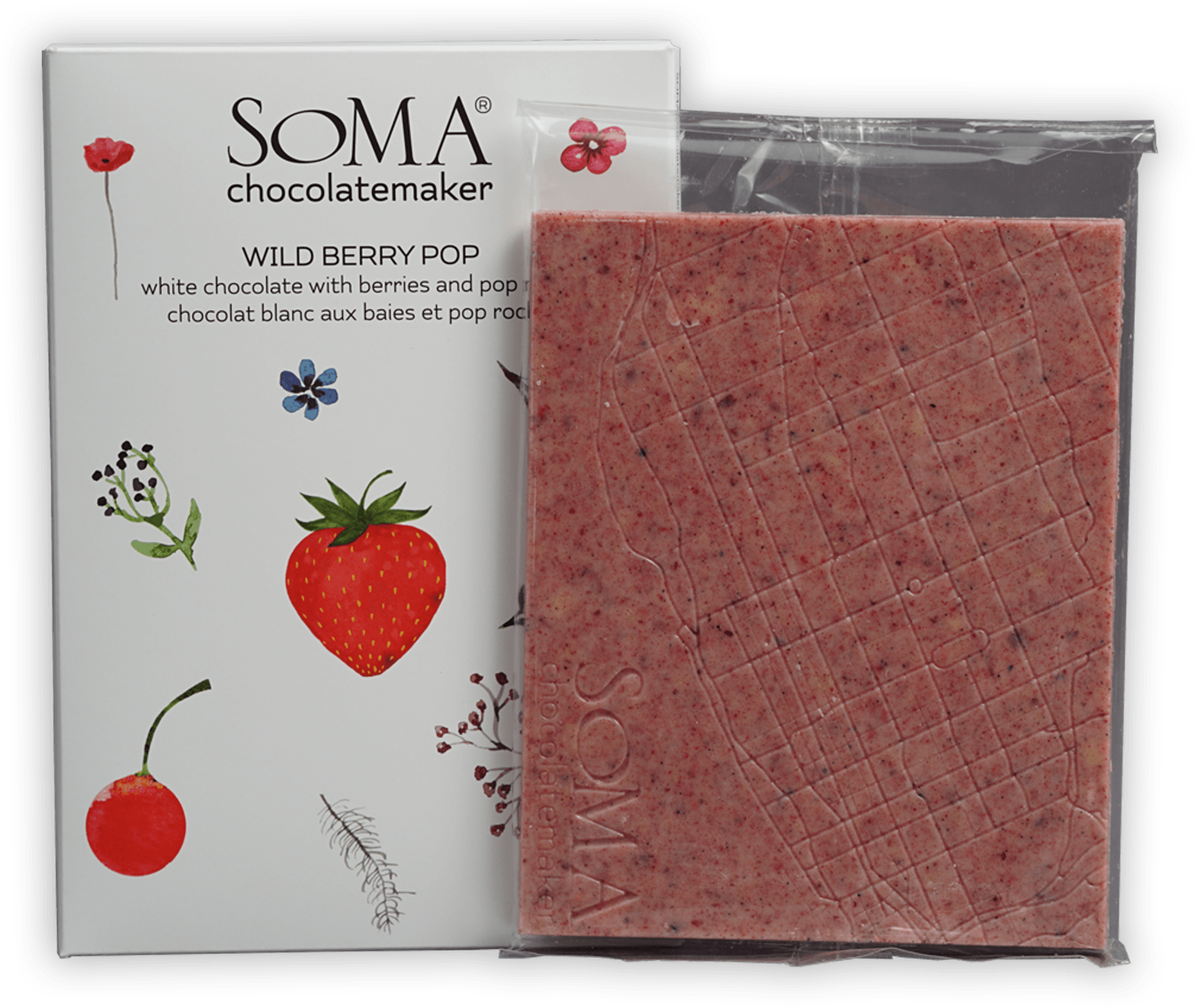 Soma Wild Berry Pop white chocolate bar with berries and Pop Rocks