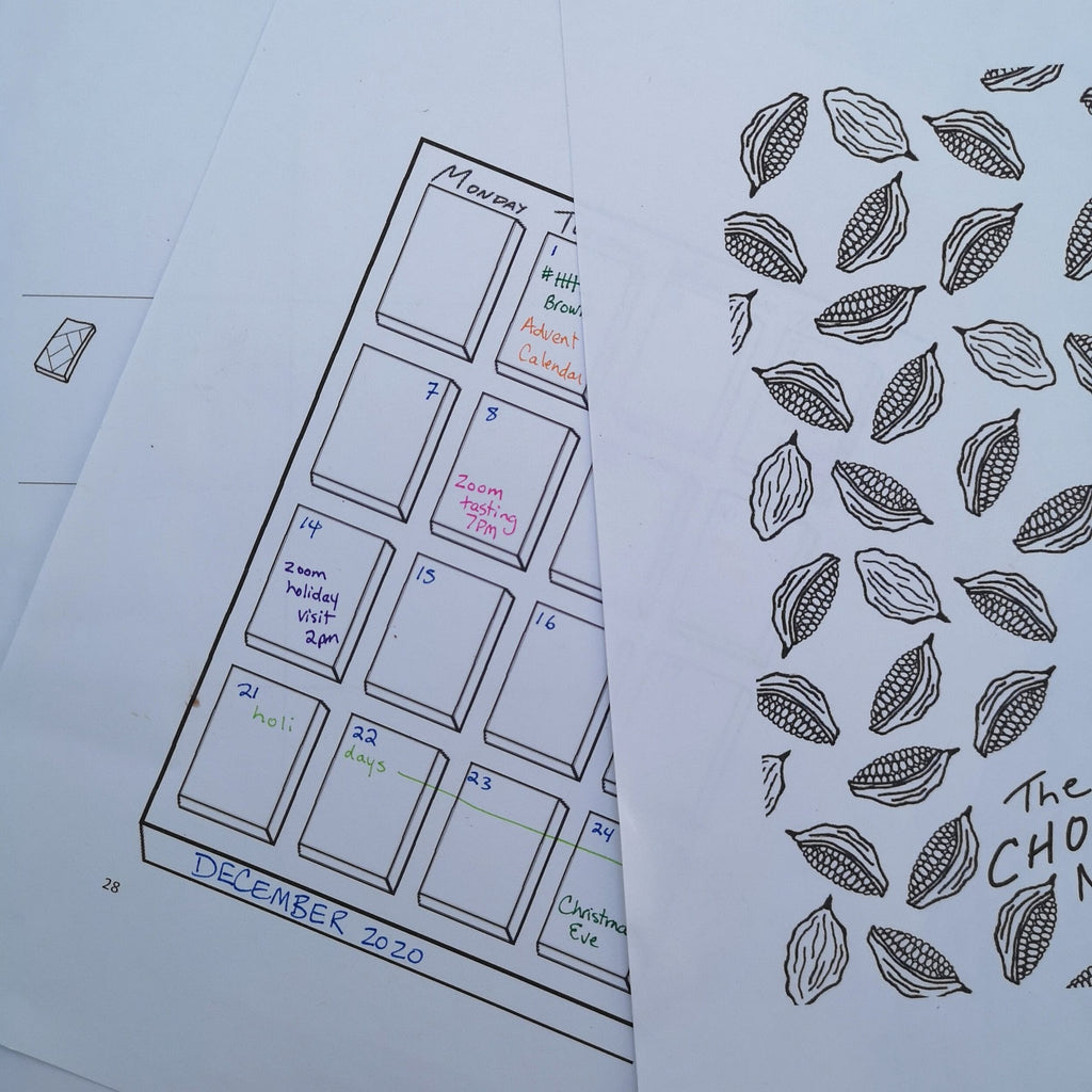 Black-and-white Dec 2020 calendar page in The Chocolate Notebook with cacao pods