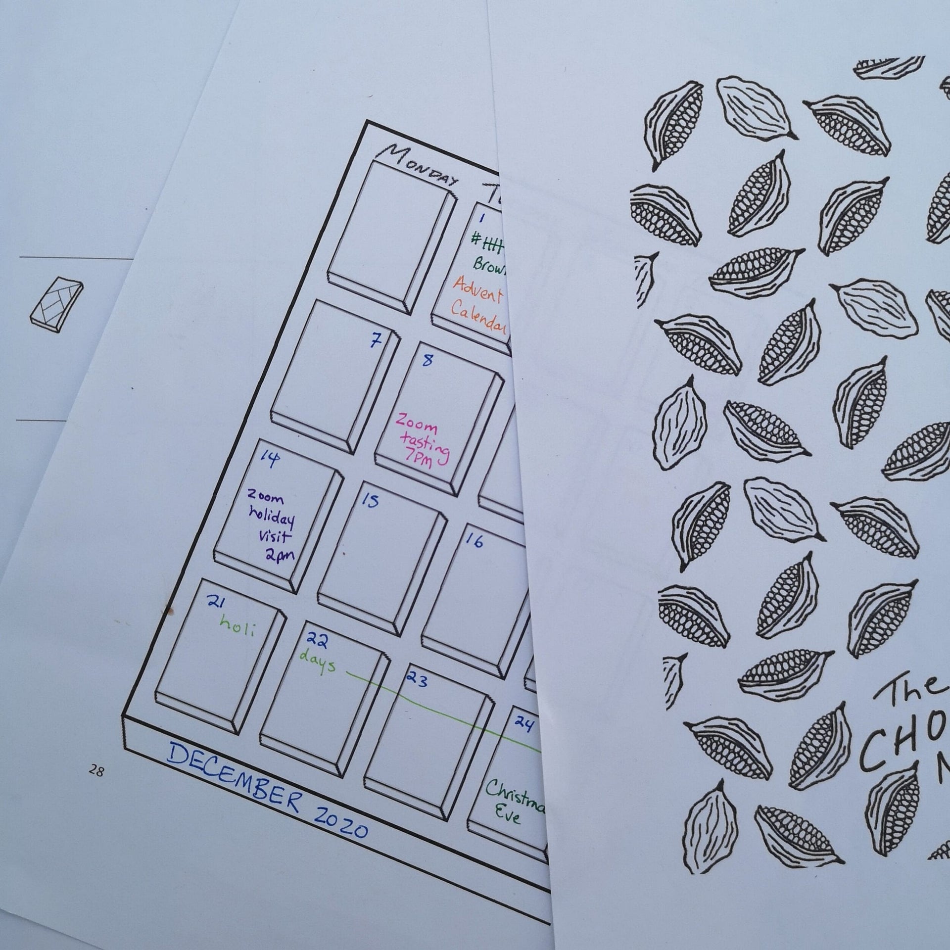 Black-and-white Dec 2020 calendar page in The Chocolate Notebook with cacao pods