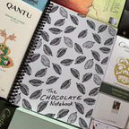 The Chocolate Notebook with cocoa pod line art on white cover