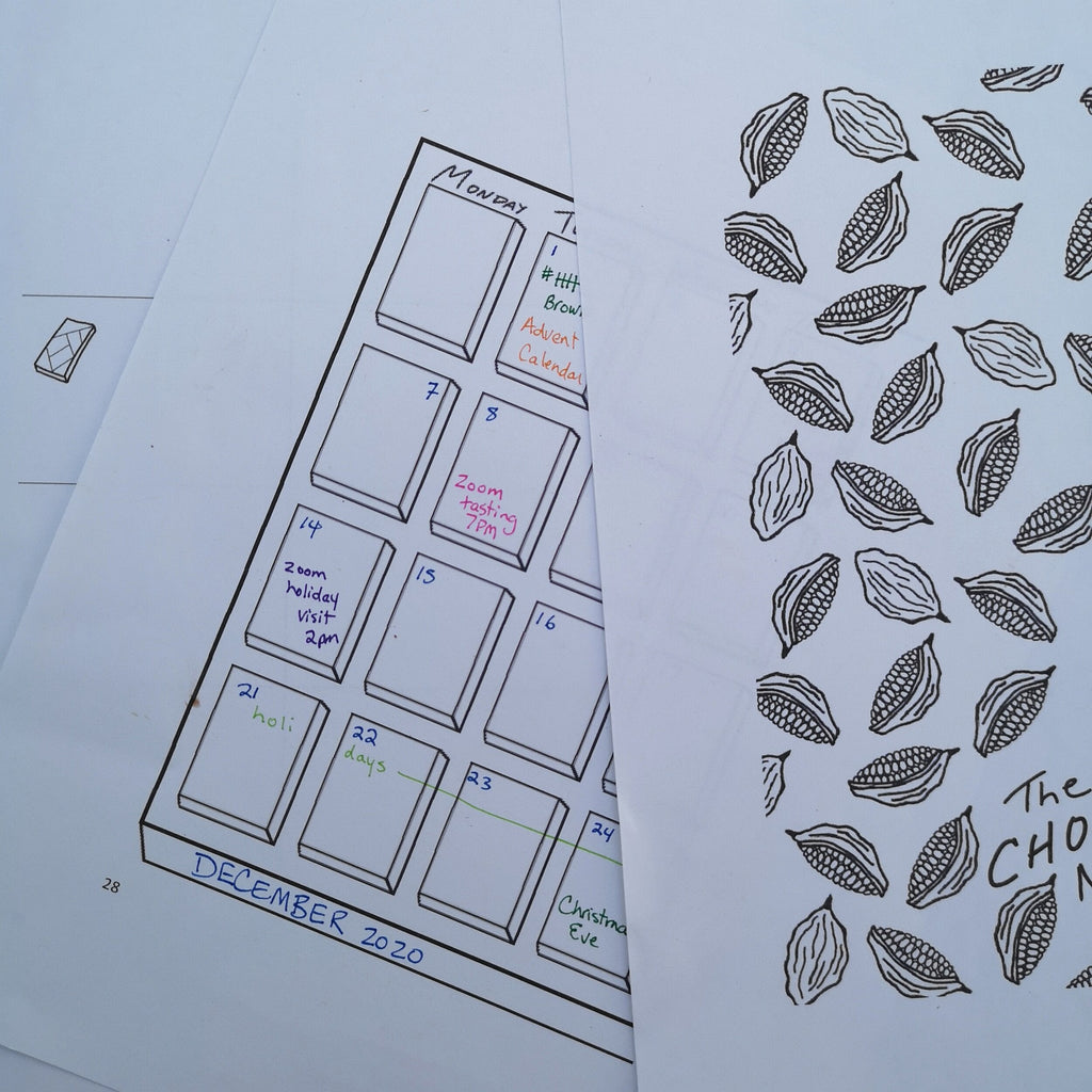 Black-and-white Dec 2020 calendar page in The Chocolate Notebook with cacao pods