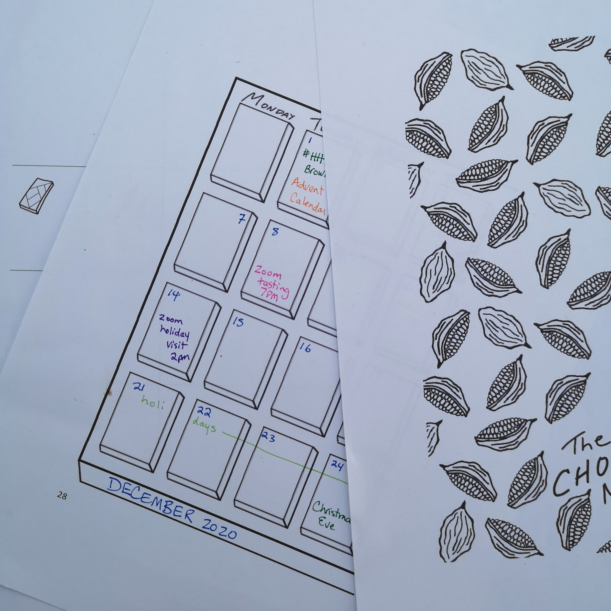 Black-and-white Dec 2020 calendar page in The Chocolate Notebook with cacao pods