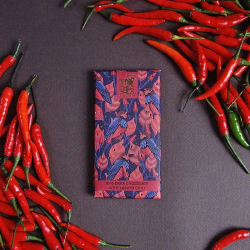 Theo & Philo 65% dark chocolate bar with habanero chili, pink blue wrap