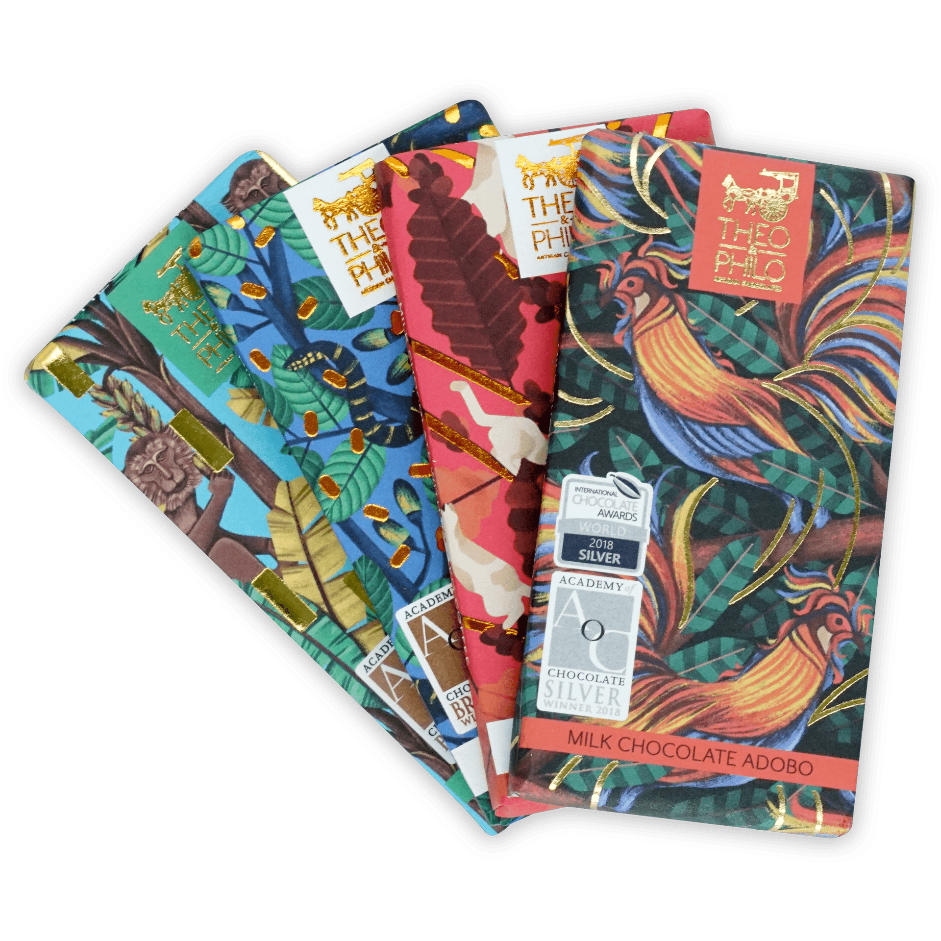 Theo & Philo Filipino Chocolate Bundles with colorful tropical bars and gold foil