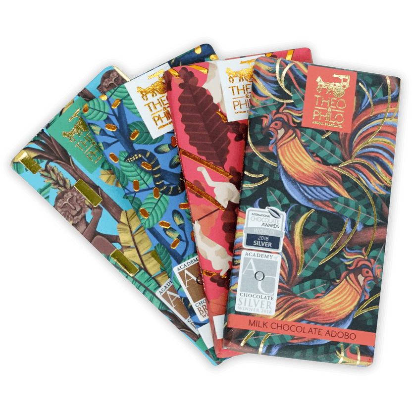 Theo & Philo Filipino Chocolate Bundles with colorful tropical bars and gold foil