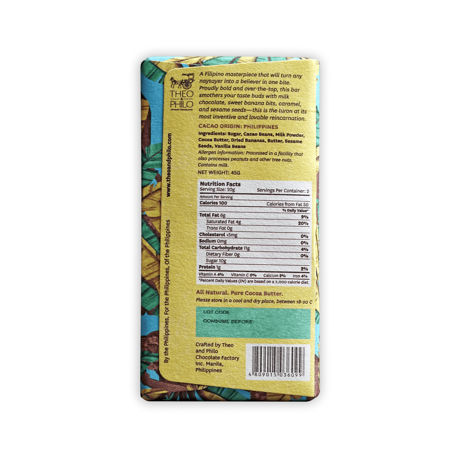 Theo & Philo Milk Chocolate Turon 44% yellow green tropical bar