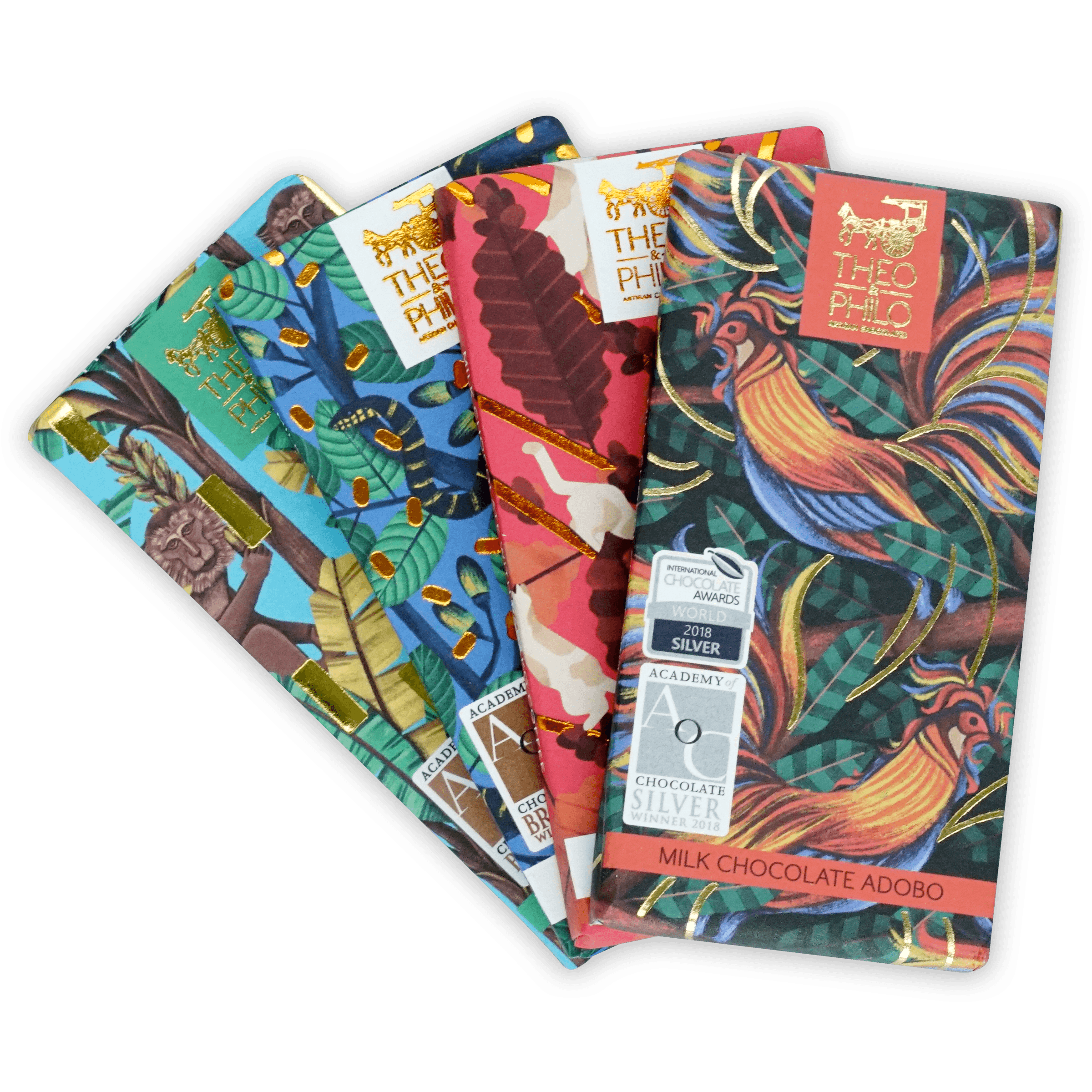 Theo & Philo Filipino Chocolate Bundles with colorful tropical bars and gold foil