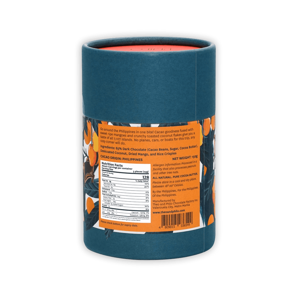 Teal cylindrical Theo & Philo Mango Coconut Chocolate Crunch 65% with Philippine cocoa butter label