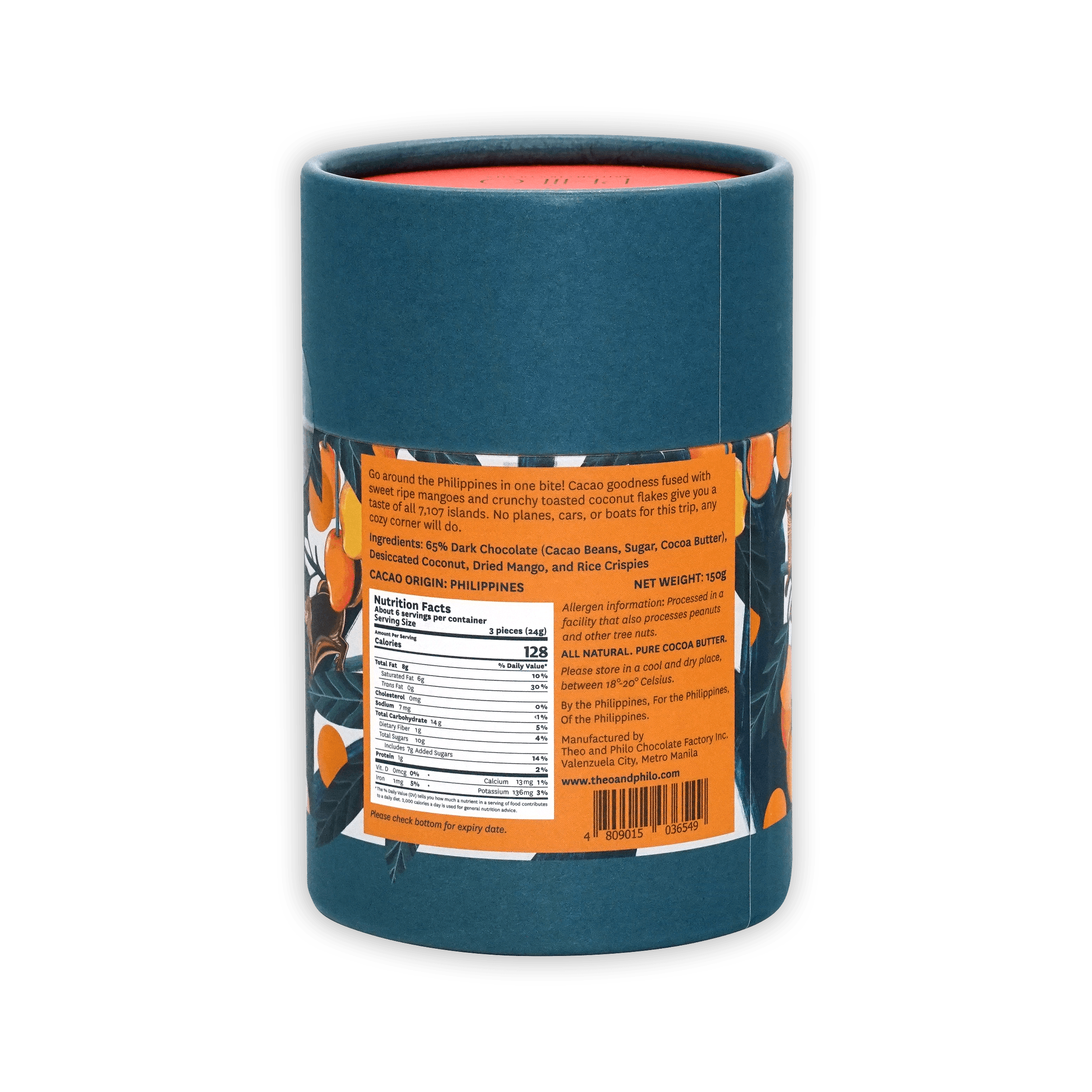 Teal cylindrical Theo & Philo Mango Coconut Chocolate Crunch 65% with Philippine cocoa butter label