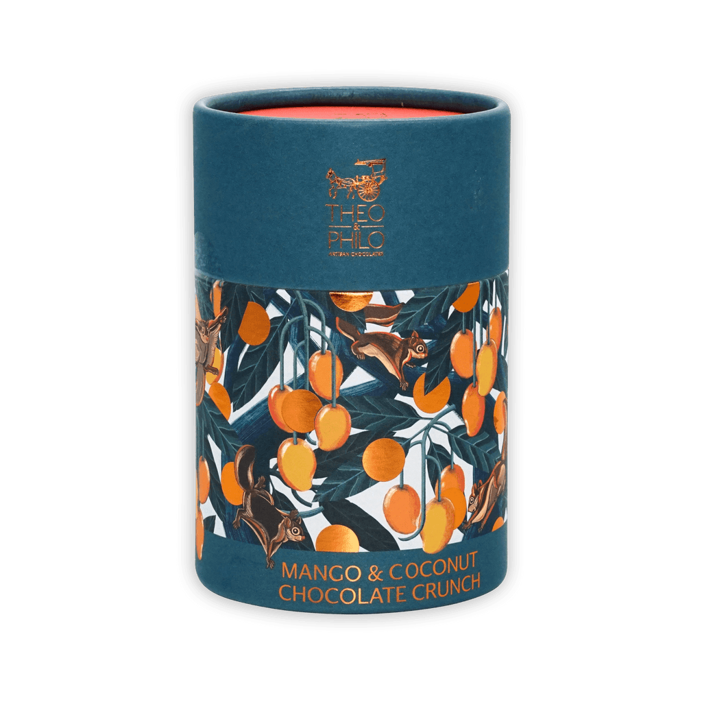 Theo & Philo Mango Coconut Chocolate Crunch 65% teal can with mango squirrel art