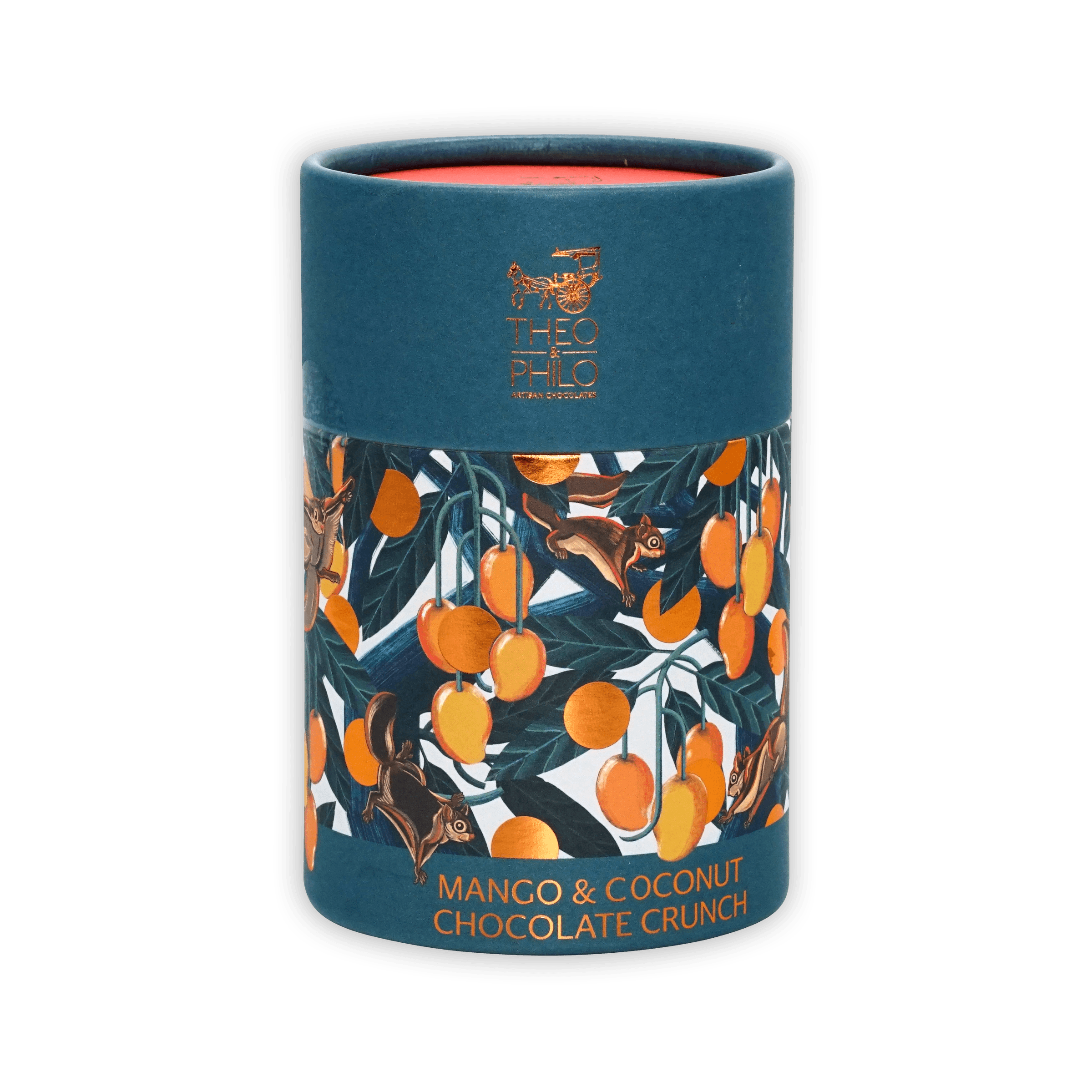 Theo & Philo Mango Coconut Chocolate Crunch 65% teal can with mango squirrel art