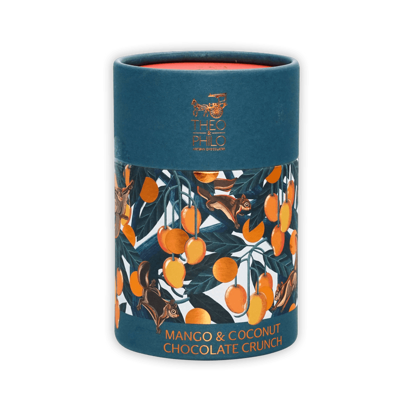Theo & Philo Mango Coconut Chocolate Crunch 65% teal can with mango squirrel art