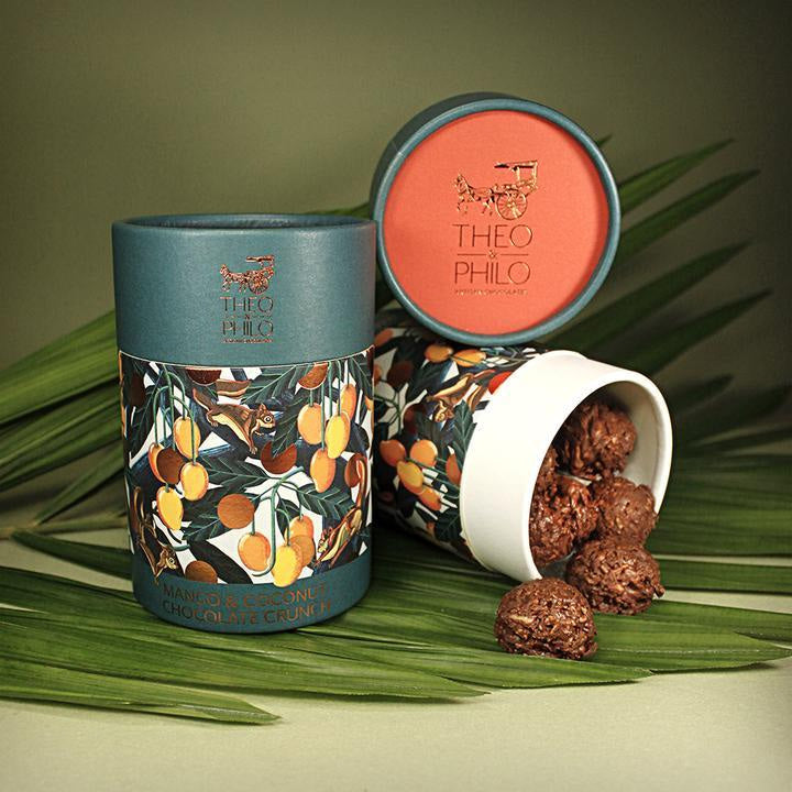 Theo & Philo Mango Coconut Chocolate Crunch 65% in teal tin with orange lid