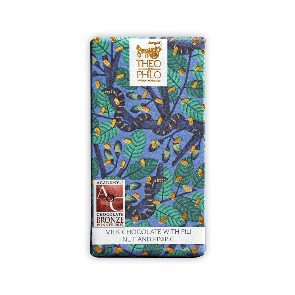 Theo & Philo milk chocolate bar with pili nut, pinipig, 2019 bronze award