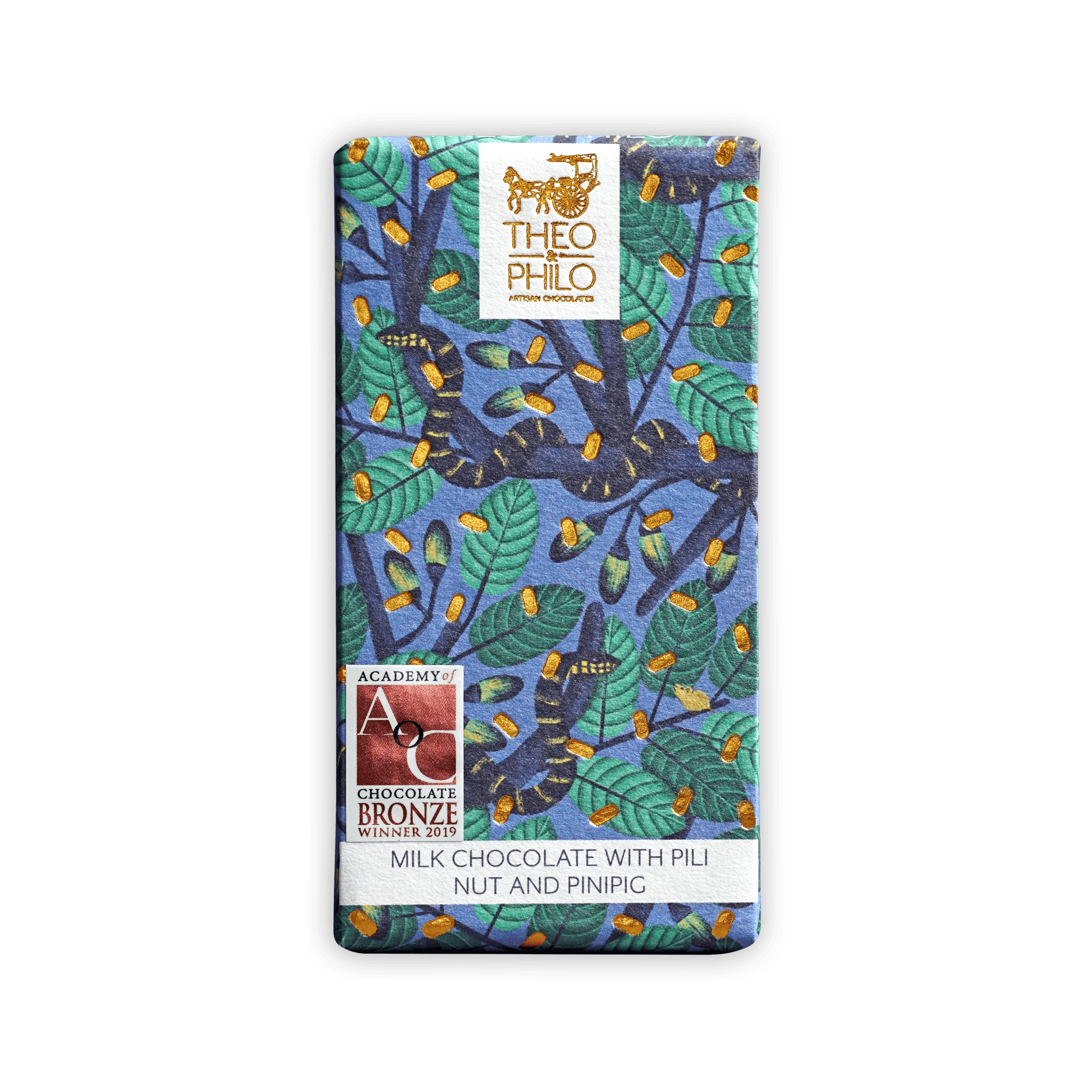 Theo & Philo milk chocolate bar with pili nut, pinipig, 2019 bronze award