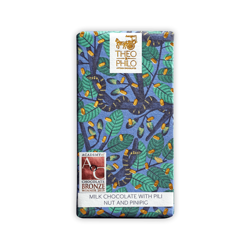 Theo & Philo milk chocolate bar with pili nut, pinipig, 2019 bronze award