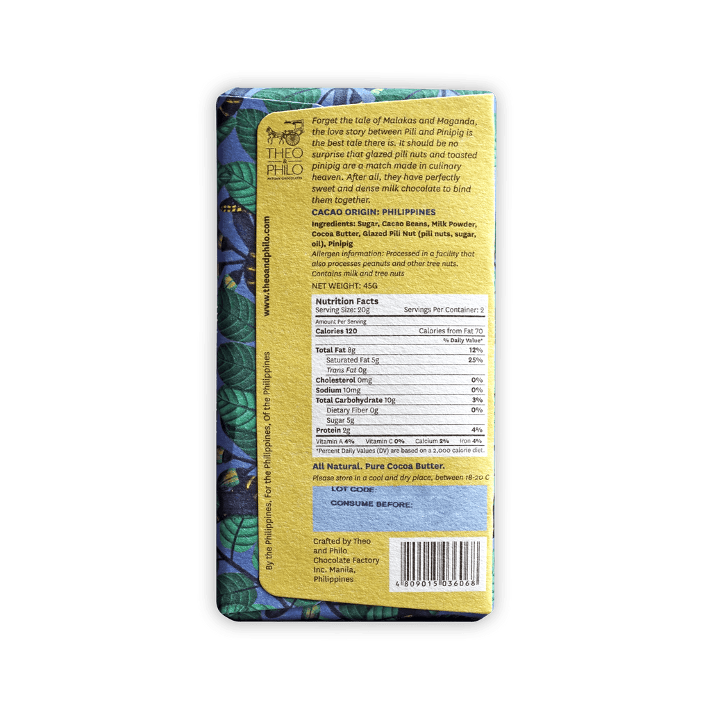 Theo & Philo Milk Chocolate Pili & Pinipig bar with yellow blue leaf packaging
