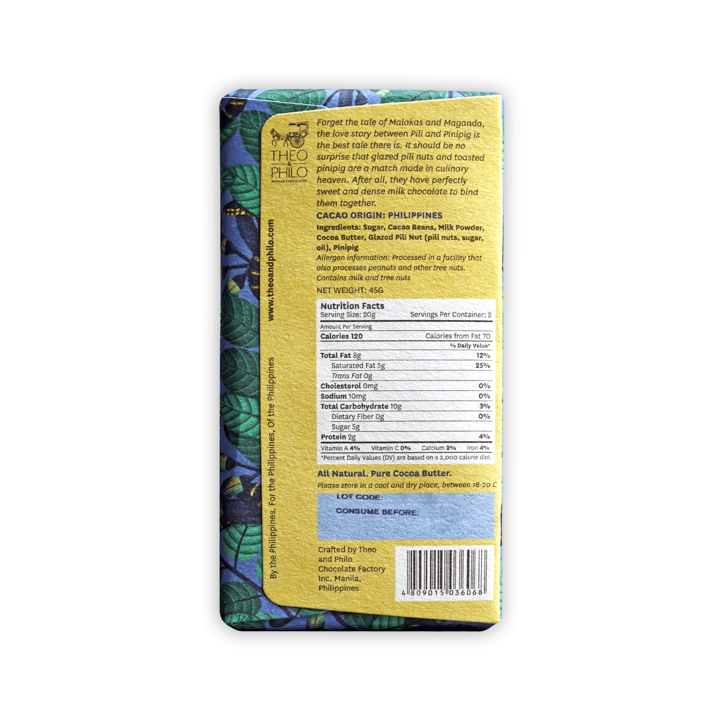 Theo & Philo Milk Chocolate Pili & Pinipig bar with yellow blue leaf packaging