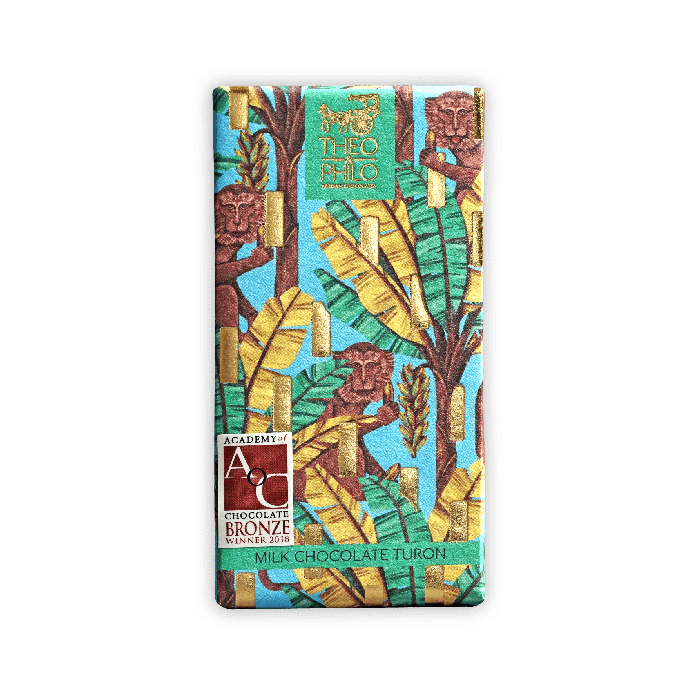 Theo & Philo Milk Chocolate Turon 44% bar in turquoise gold foil with monkeys