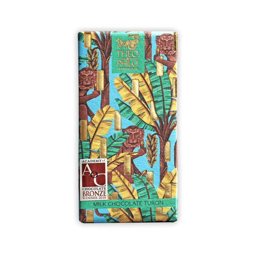 Theo & Philo Milk Chocolate Turon 44% bar in turquoise gold foil with monkeys