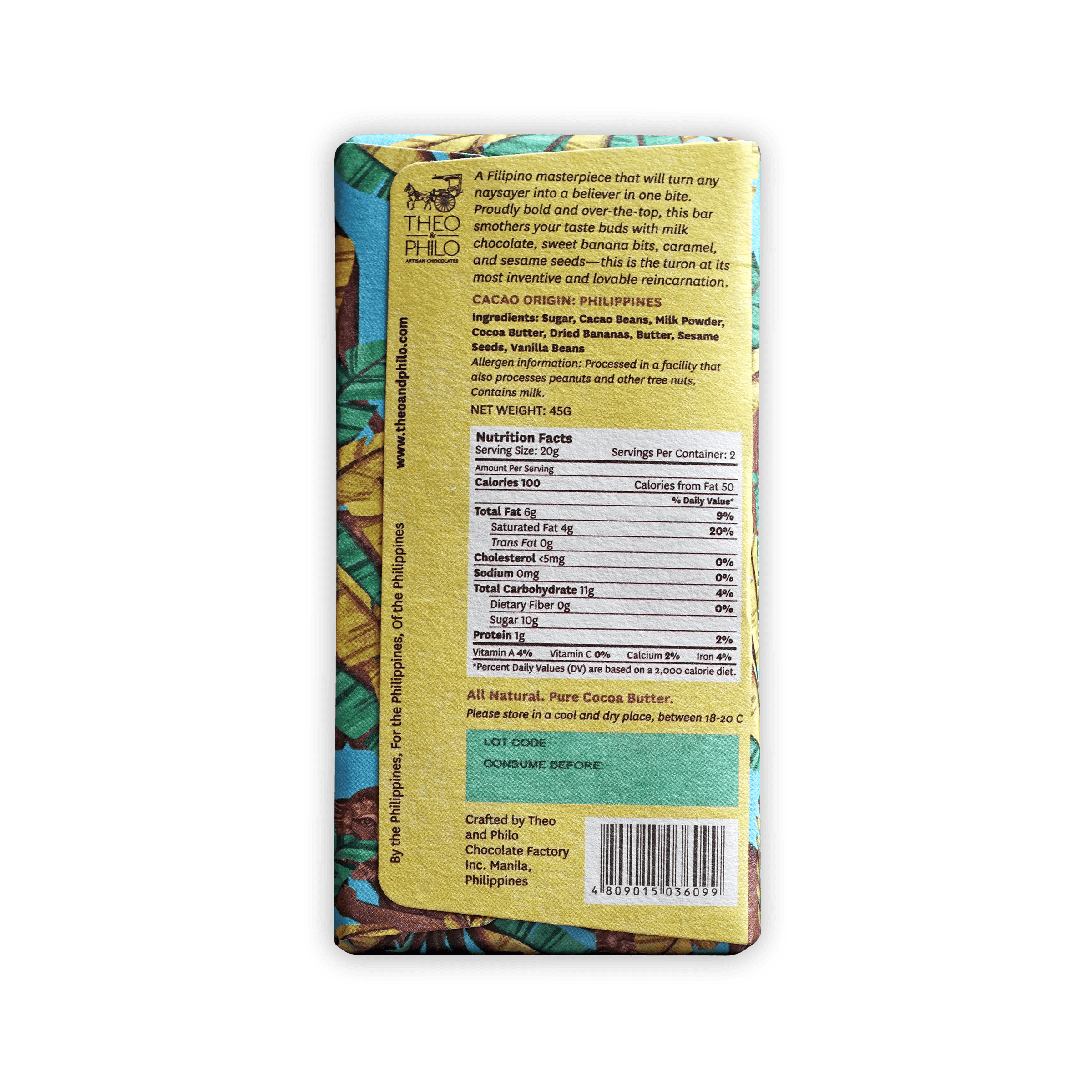 Theo & Philo Milk Chocolate Turon 44% yellow green tropical bar
