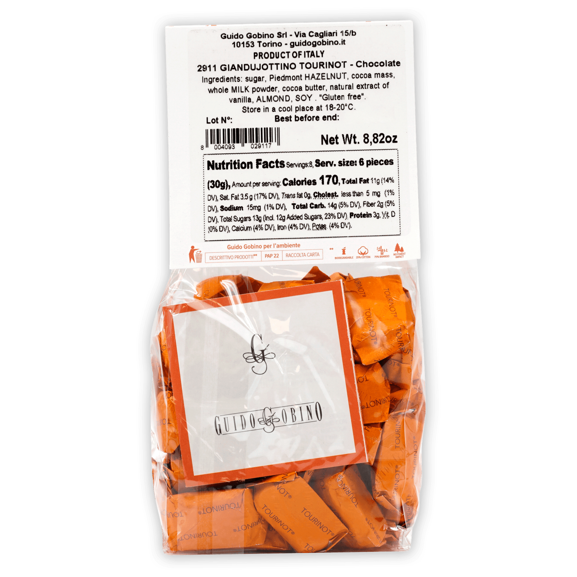 Guido Gobino Tourinot Classico bag with orange-wrapped chocolates