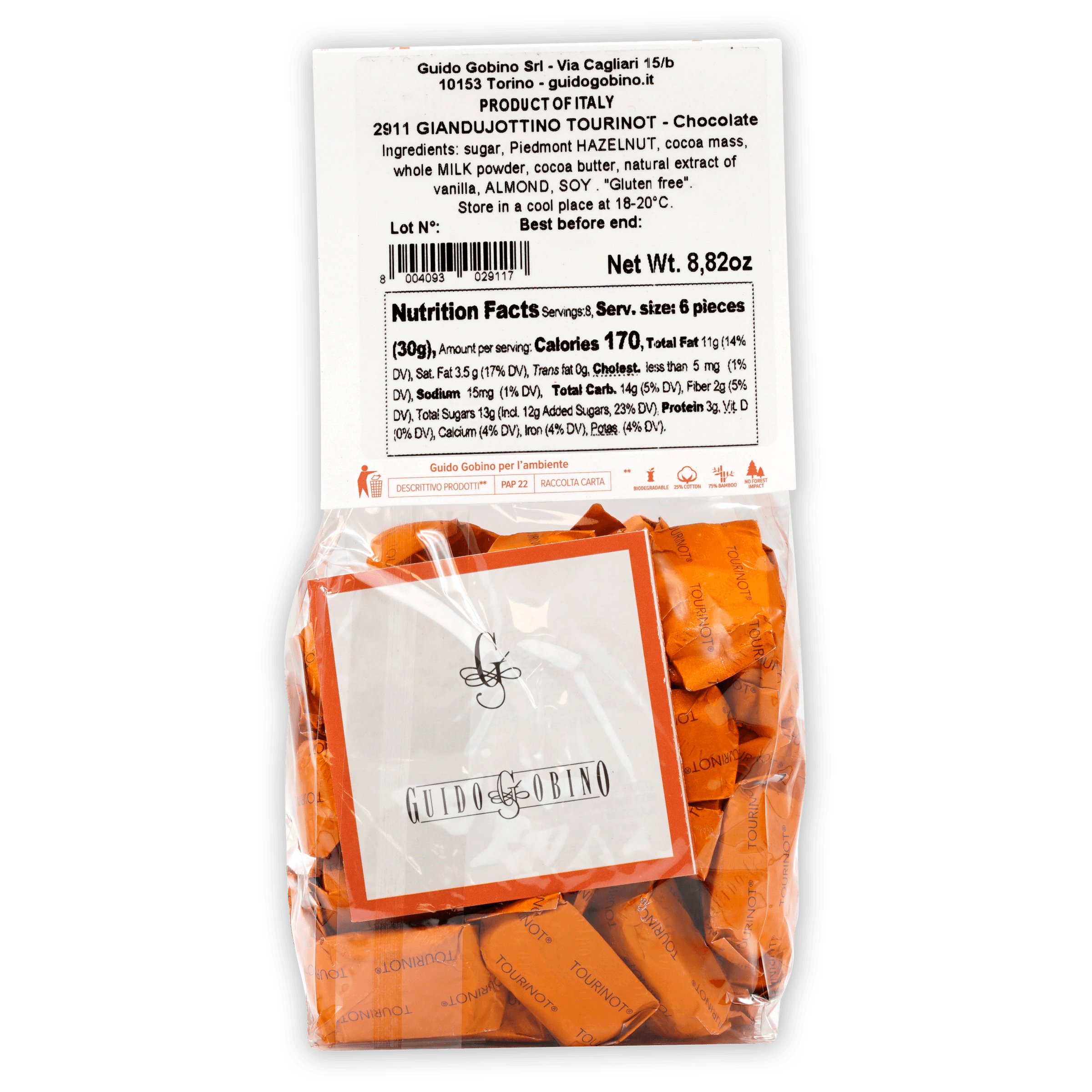 Guido Gobino Tourinot Classico bag with orange-wrapped chocolates