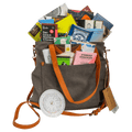 Gray canvas Bar & Cocoa Ultimate Chocolate Tote with orange leather straps holding 25 bars
