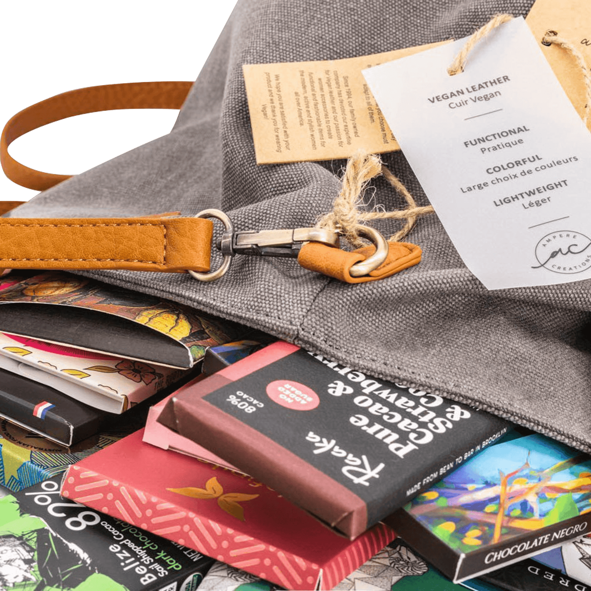 Gray vegan leather Bar & Cocoa Ultimate Chocolate Tote with tan strap