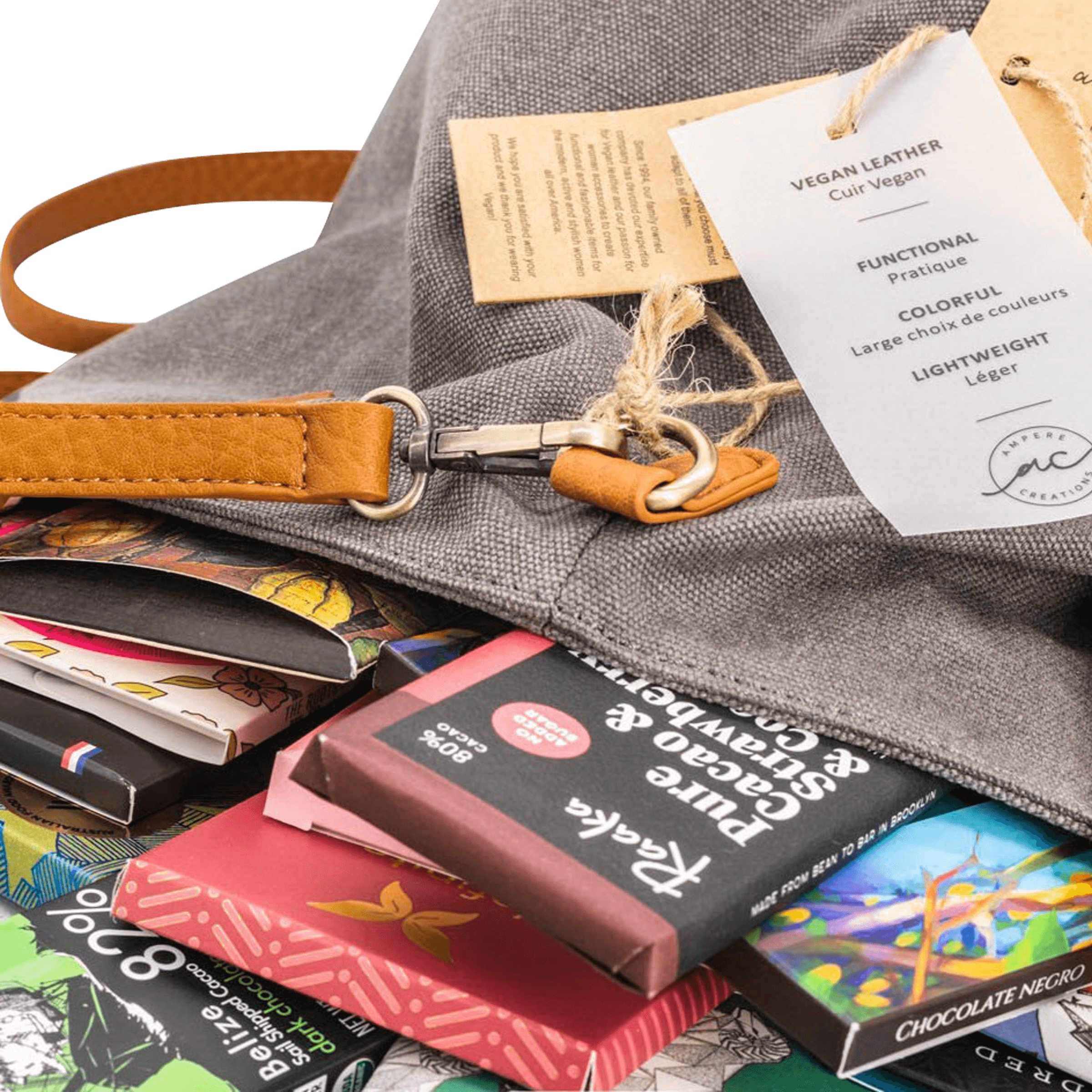 Gray vegan leather Bar & Cocoa Ultimate Chocolate Tote with tan strap