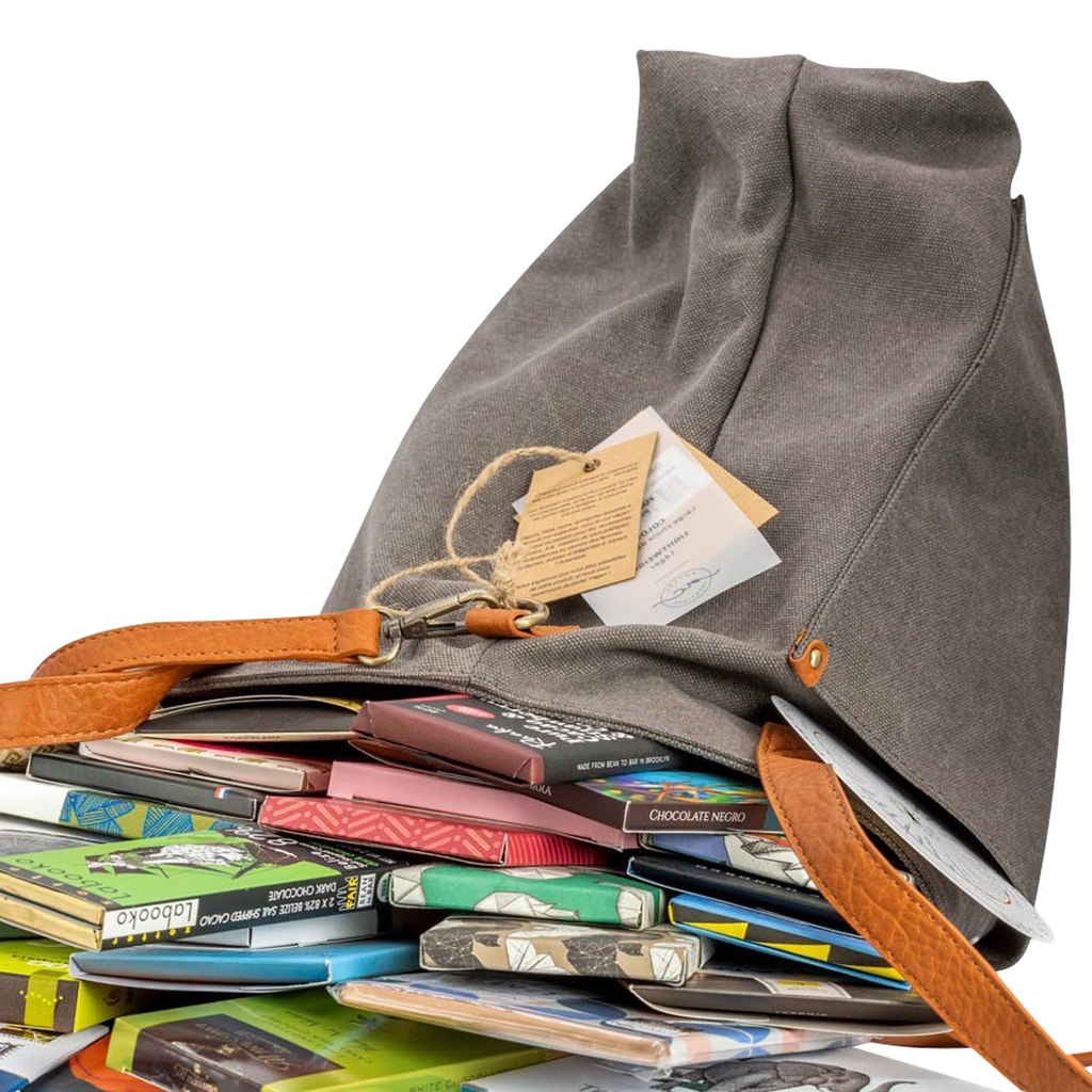 Gray canvas Bar & Cocoa Ultimate Chocolate Tote with tan leather handles