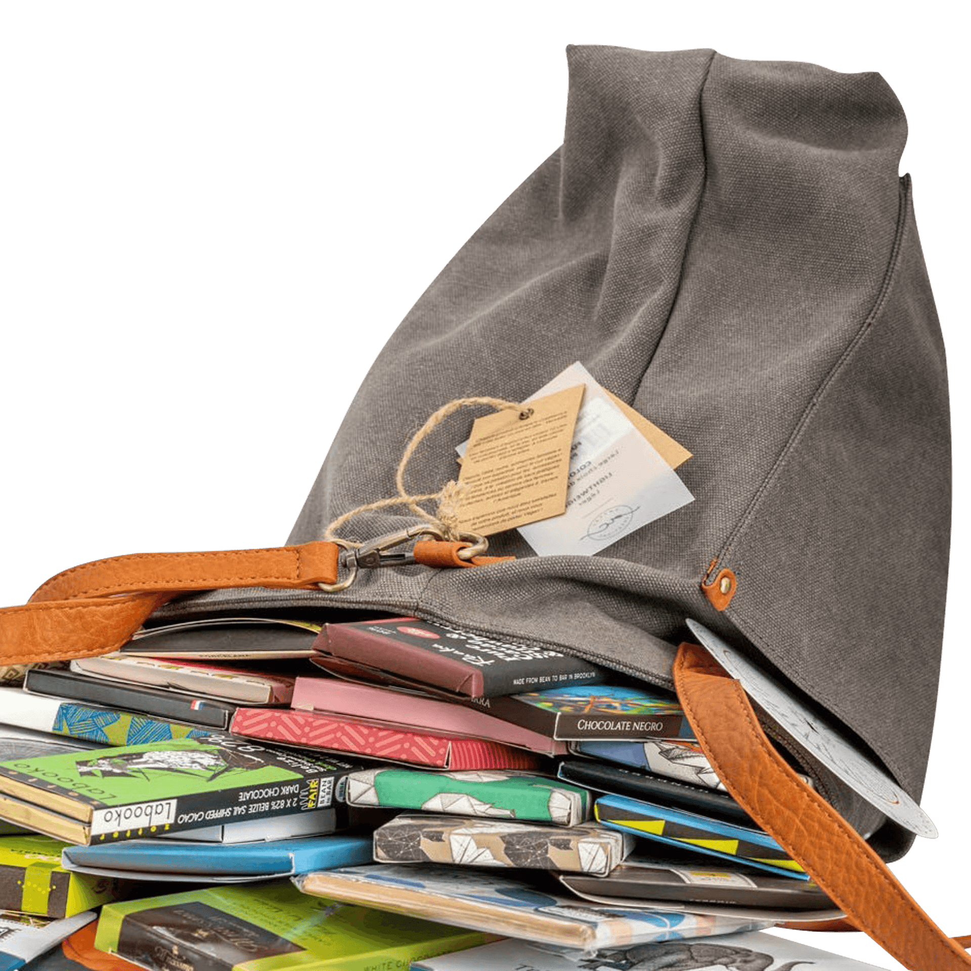 Gray canvas Bar & Cocoa Ultimate Chocolate Tote with tan leather handles