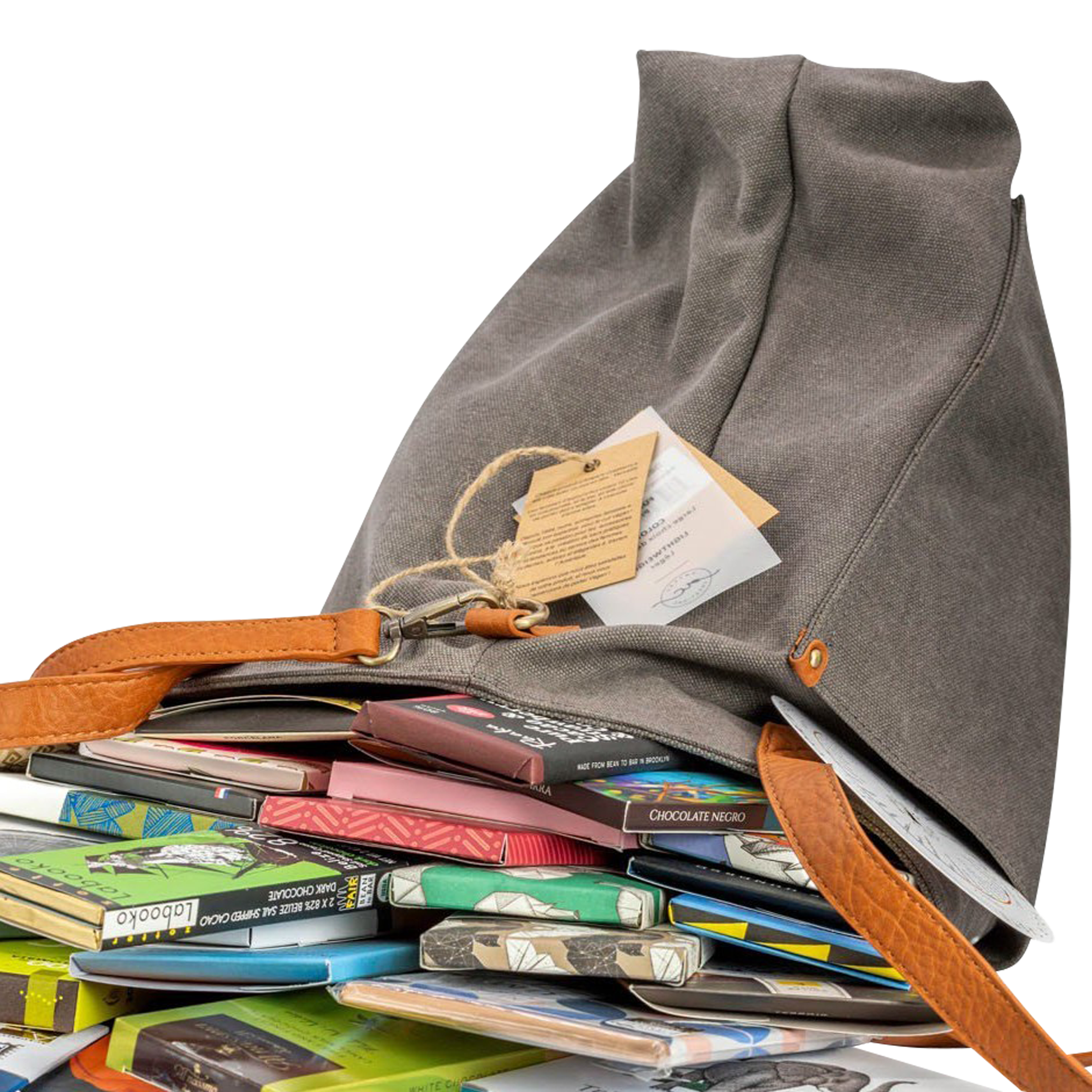 Gray canvas Bar & Cocoa Ultimate Chocolate Tote with tan leather handles