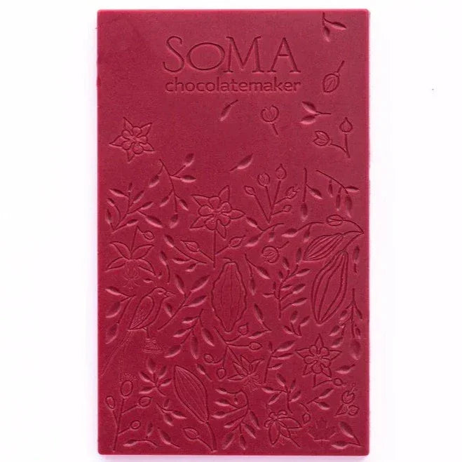 Soma Mini Raspberry Bar with rich red chocolate and floral embossed design