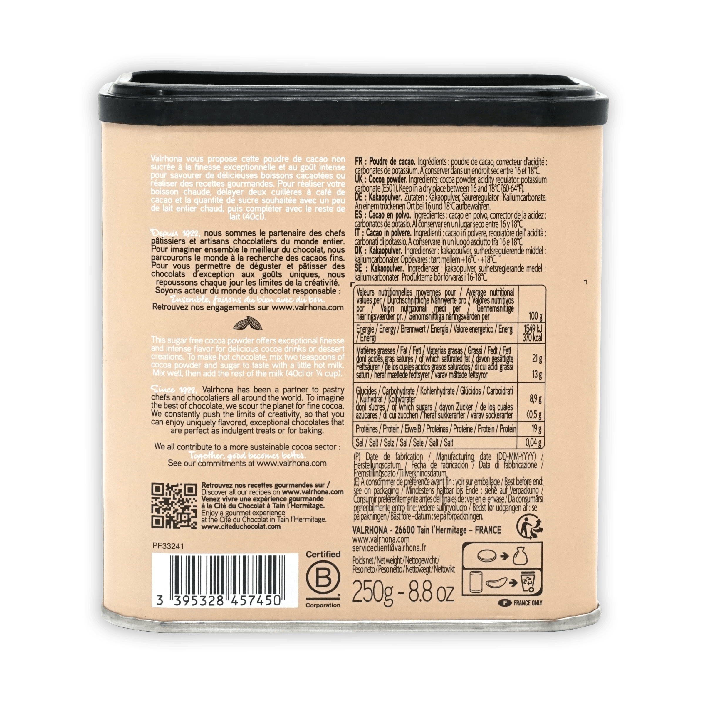 Valrhona 100% sugar-free cocoa powder 250g beige jar with black lid