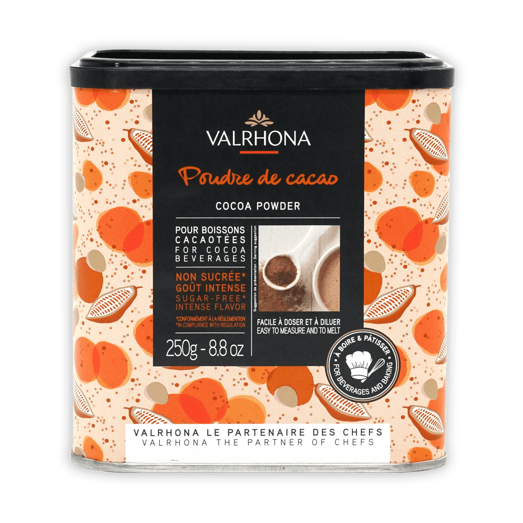 Valrhona Cocoa Powder 100% in orange beige patterned tin